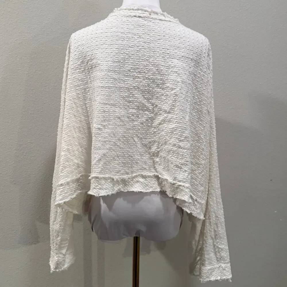 Free People Walkin In Hueco Crop Oversized Tie Button Back Top Medium Boho Ivory